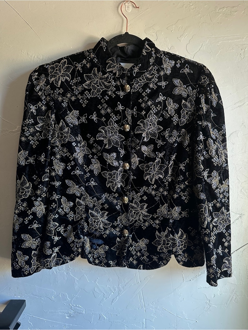 Vintage Another Thyme Black Velvet Floral Metallic Glam Statement Jacket 14